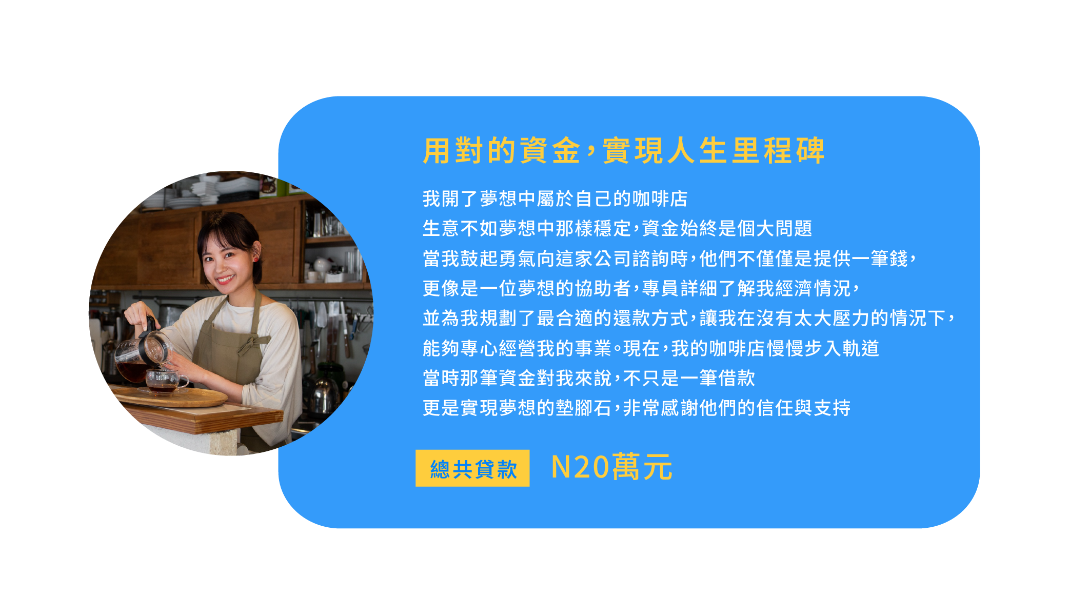 3.用對的資金，實現人生里程碑 我開了夢想中屬於自己的咖啡店 但因為生意不如夢想中那樣穩定，資金始終是個大問題 當我鼓起勇氣向這家公司諮詢時，他們不僅僅是提供一筆錢，更像是一位夢想的協助者 專員詳細了解我經濟情況，並為我規劃了最合適的還款方式，讓我在沒有太大壓力的情況下，能夠專心經營我的事業 現在，我的咖啡店慢慢步入軌道 當時那筆資金對我來說，不只是一筆借款 更是實現夢想的墊腳石，非常感謝他們的信任與支持